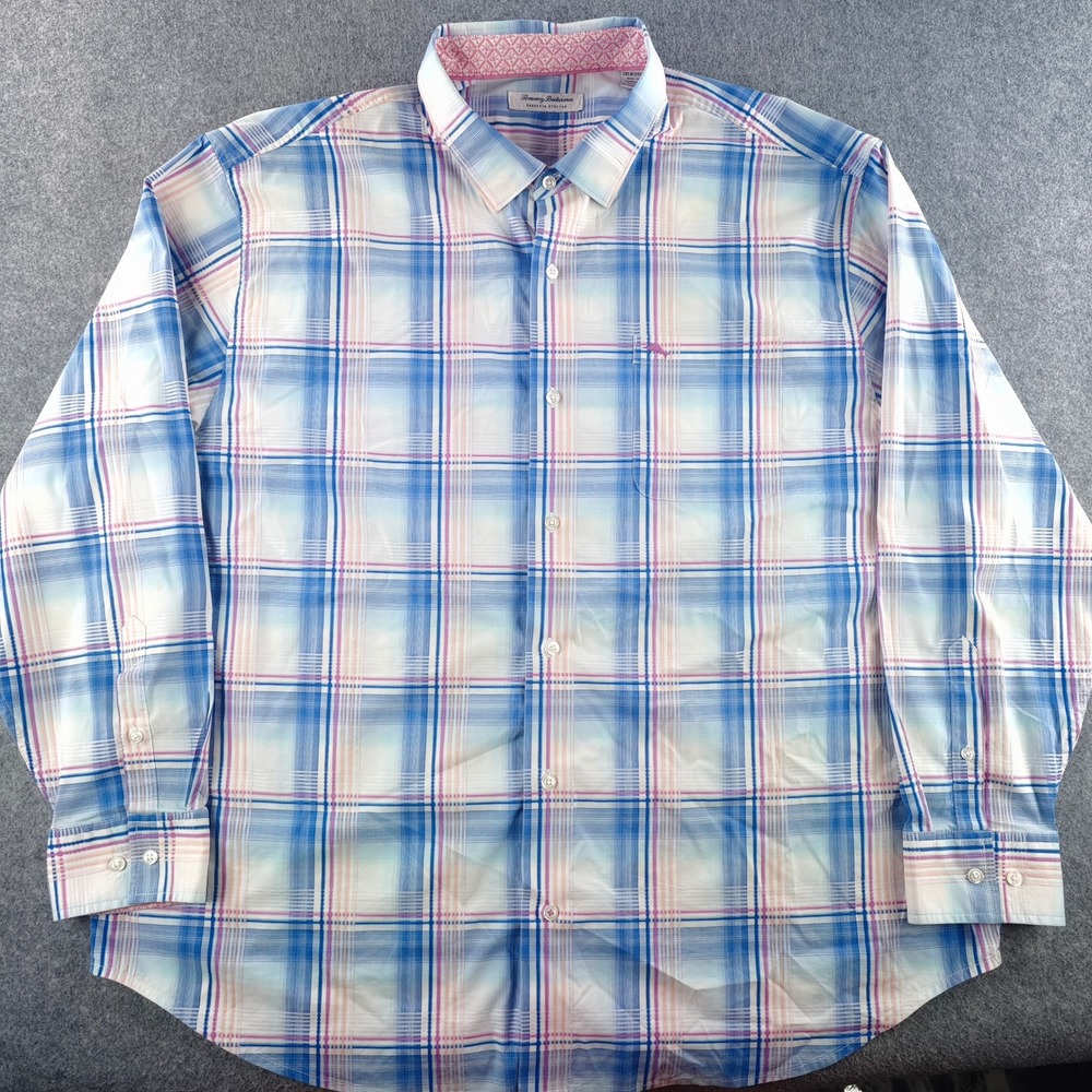 Tommy Bahama Sarasota Stretch Button Down Mens 2XLB Blue Plaid Long Sleeve Shirt